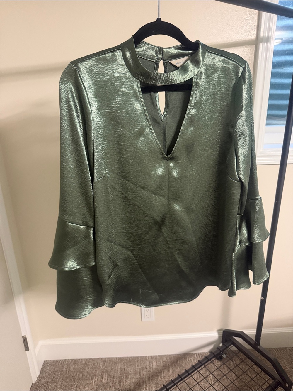 belle sky Olive Satin V-Neck Blouse with Ruffle Sleeves